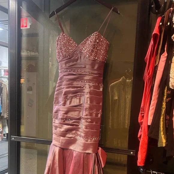 xcite y2k purple silver iridescent beaded prom dress maxi fluted bow pink - Picture 3 of 13